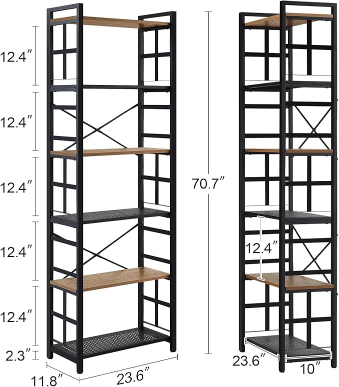 HOMBAZAAR 6 Tier Bookshelf,70 inch Tall Industrial Bookcase with Metal Frame and Open Shelves,Rustic Heavy Duty 6 Shelf Bookcase, Office Book Shelves for Living Room and Bedroom,Brown