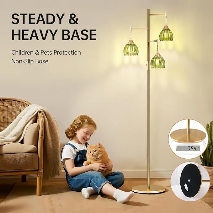 Dimmable Floor Lamp for Living Room, Bedroom, Gold Standing Lamp with 3pcs 6W Bulbs, Vintage Brass Floor Lamps for Corner, Nursery (Green Tulip)