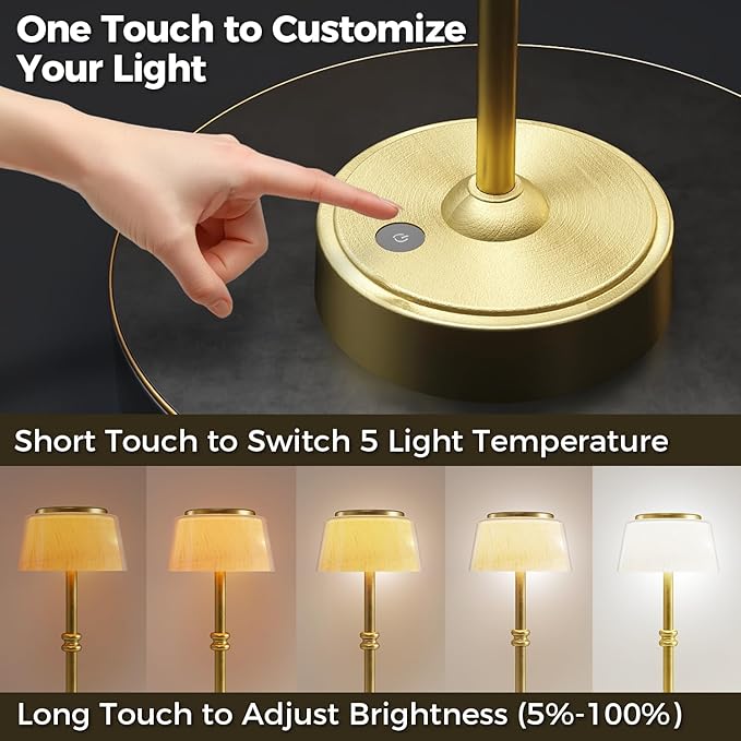 LED Cordless Lamp, 5 Colors Stepless Dimming Table Lamp, Built-in 4400mAh Rechargeable Battery with USB Charging Port, Portable Touch Bedside Light for Patio, Restaurant, Dining (2, Gold)