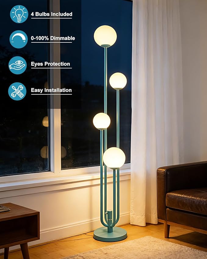 Lightdot Green Globe Floor Lamp 4-Lights Dimmable Floor Lamps 3000K Bulbs Included Unique Modern Standing Tall Lamp for Living Room/Bedroom
