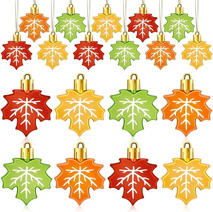 JULMELON 24PCS Fall Leaf Ornament for Tree, Thanksgiving Maple Leaves Hanging Ornaments with Rope Maple Pendant for Farmhouse Rustic Party Favors Craft Supplies Decor