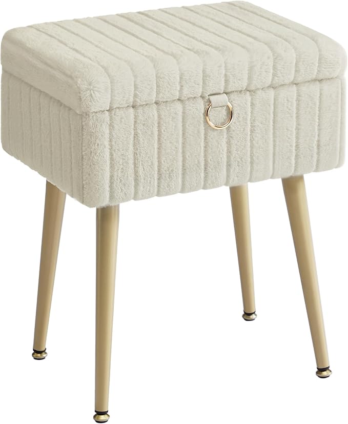 SONGMICS Vanity Stool Chair with Storage, Makeup Stool, Footrest Footstool Ottoman+H6:H29, Metal Legs, Adjustable Feet, for Living Room, Bedroom, Makeup Room, Cappuccino Beige ULOM505LZ02