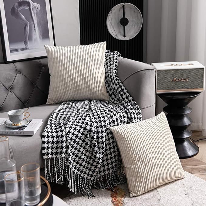 Ivory White Couch Pillow Covers: 2 Pack 16x16 Inch Original Striped Velvet Square Throw Pillow Cases for Farmhouse Home Decor
