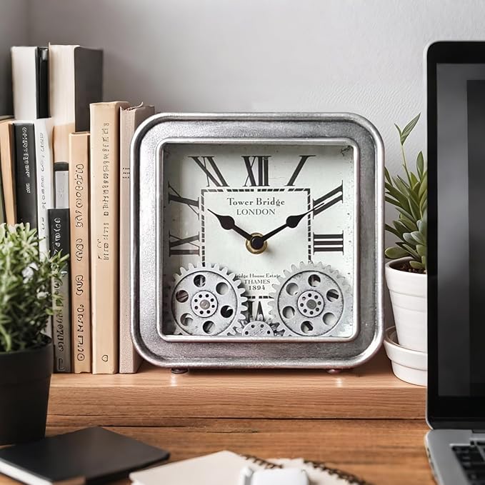 Vintage Steampunk Desk Clock, 6 Inch Metal Industrial Table Clock with Moving Gears, Silent Non-Ticking Quartz, Battery Operated Shelf Decor for Home Office Living Room (Silver)