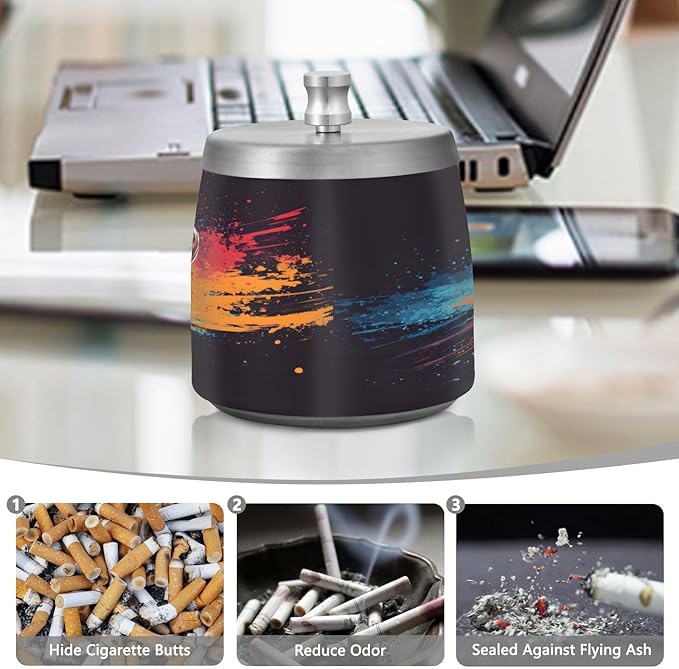 American Football Player Splash Ashtray with Lid, Outdoor Ashtrays for Patio, Stainless Steel Ashtray Odorless Smokeless for Home Office Balcony