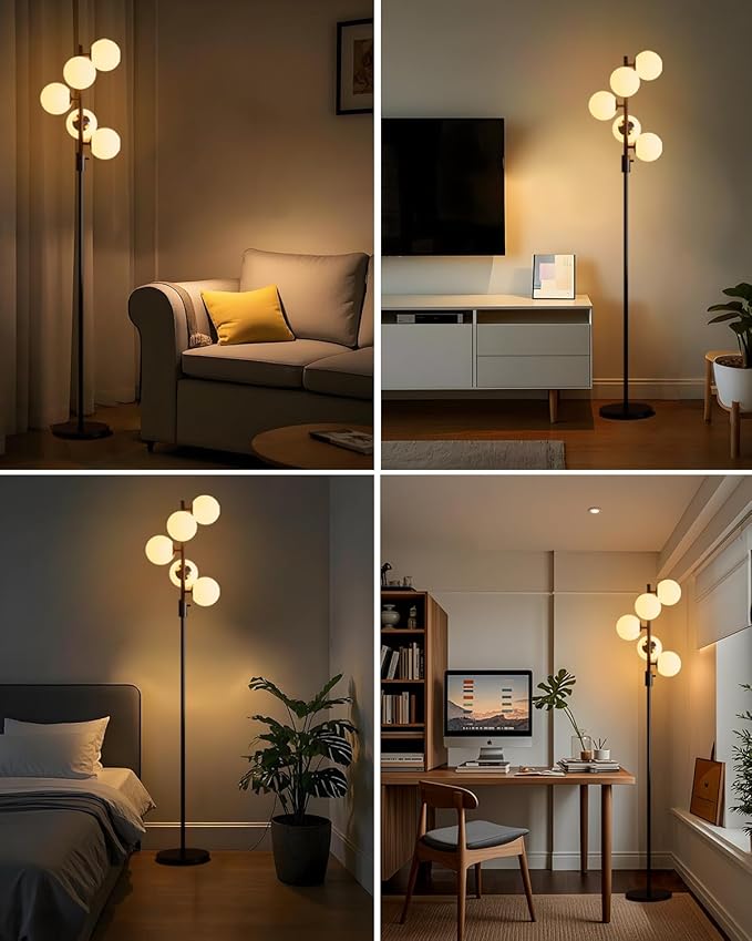 Lightdot 5-Globe Dimmable Globe Floor Lamp Black Retro Standing Lamps with 3000K Bulbs Included Brightness Adjustable Mid Century Modern Floor Lamp for Living Room/Bedroom/Sofa Beside/Corner Decor