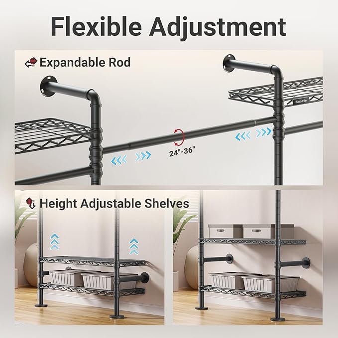 Timate U4 U Shape Garment Rack Heavy Duty Clothes Rack for Hanging Clothes, Expandable Industrial Pipe Clothing Rack Wall Mounted Closet Extra Large Closet Rack Walk in Closet System, Closet Kit Black