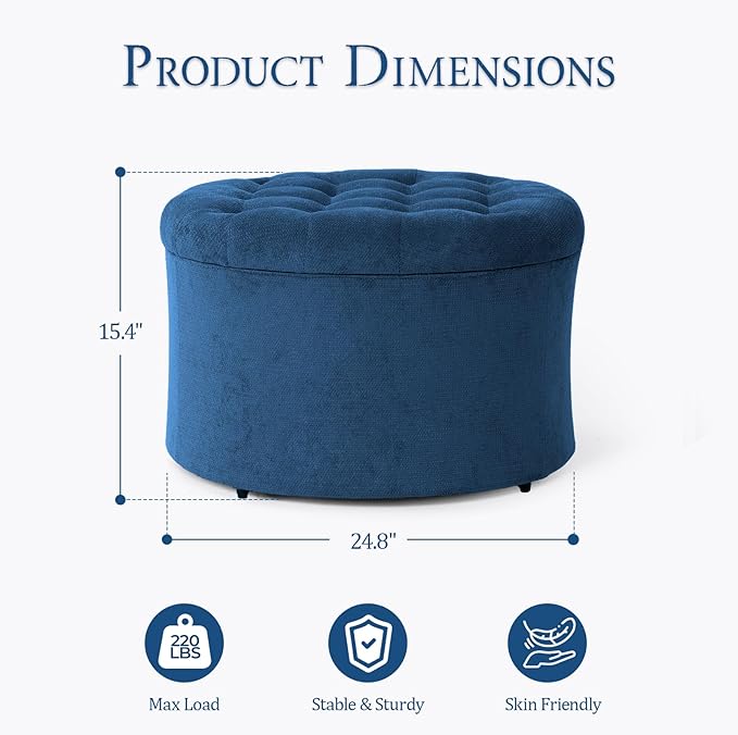 ONBRILL 25" Ottoman with Storage, Round Pouf Ottoman Foot Rest, Small Storage Foot Stool for Couch Bedroom Living Room, Books, Blankets & Kid's Toy Box, Load up to 220 lbs, Blue
