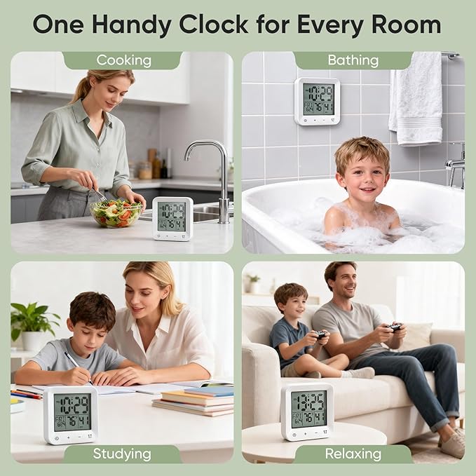 Bathroom Clock Waterproof Shower Timer, Digital Wall Clock with Countdown, Touch Screen, LCD Display, Temperature, Suction Cup/Hanging Hole/Stand, Spa Sauna, Kids and Adults I White