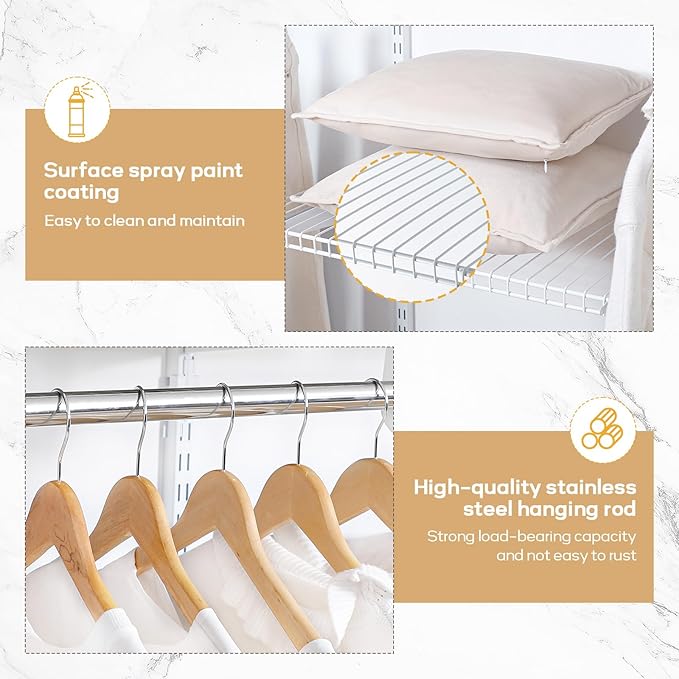Homde Closet Organizer System Wall Mounted, 4-8 Ft. Adjustable and Expandable Metal Wire Shelving , Custom DIY Wardrobe Kit with Shelf, Clothes Hanging Rods,White