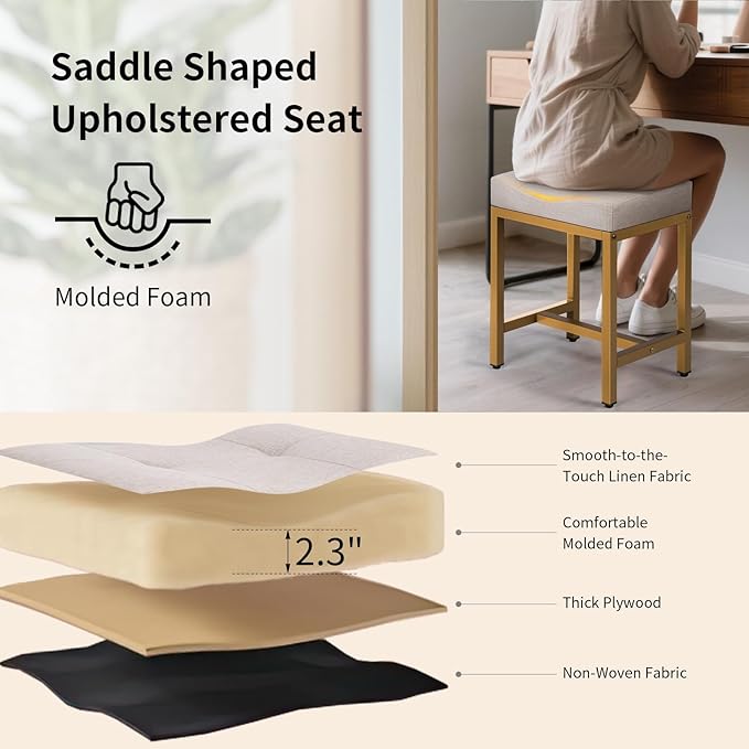 Saddle Seat Vanity Stool, Makeup Stool Chair with Metal Leg, U-Shaped Ottoman Foot Rest, Small Square Chairs Under Desk for Vanity, Living Room, Modern Makeup Bench Linen Light Brown&Gold