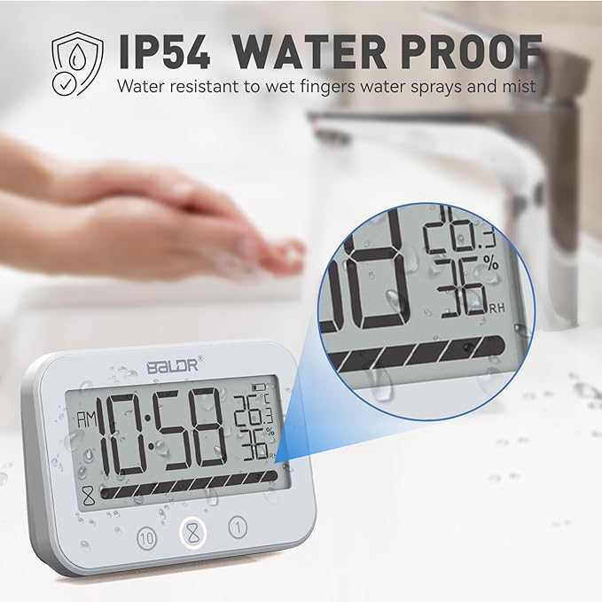 Digital LCD Waterproof Timer Shower Clock, Waterproof for Water Spray, Bathroom Clock Wall Mount, Two Suction Cup, Displays Time, Temperature, and Indoor Relative Humidity (1, White)