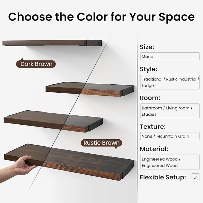 BAYKA Wall Shelves for Bedroom Decor, Floating Shelves for Wall Living Room Kitchen Storage, Mounted Rustic Wood Floating Shelves for Kids Books, Corner Shelf for Bathroom(Rustic Brown，Set of 4)