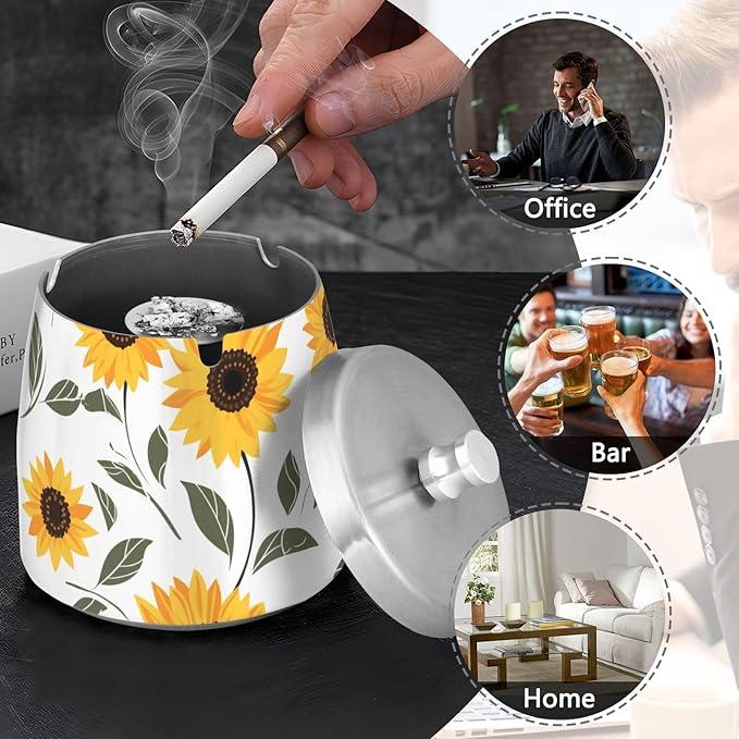 Cute Sunflowers White Print Ashtray with Lid, Outdoor Ashtrays for Patio, Stainless Steel Ashtray Odorless Smokeless for Home Office Balcony