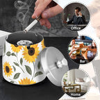 Cute Sunflowers White Print Ashtray with Lid, Outdoor Ashtrays for Patio, Stainless Steel Ashtray Odorless Smokeless for Home Office Balcony