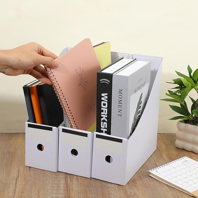 25 Pcs Cardboard Magazine File Holders Magazine Book Bin Box with Label Sticker Paper Organizer Storage Folder for Desk Shelves School Classroom Office Supplies(Classic,White)