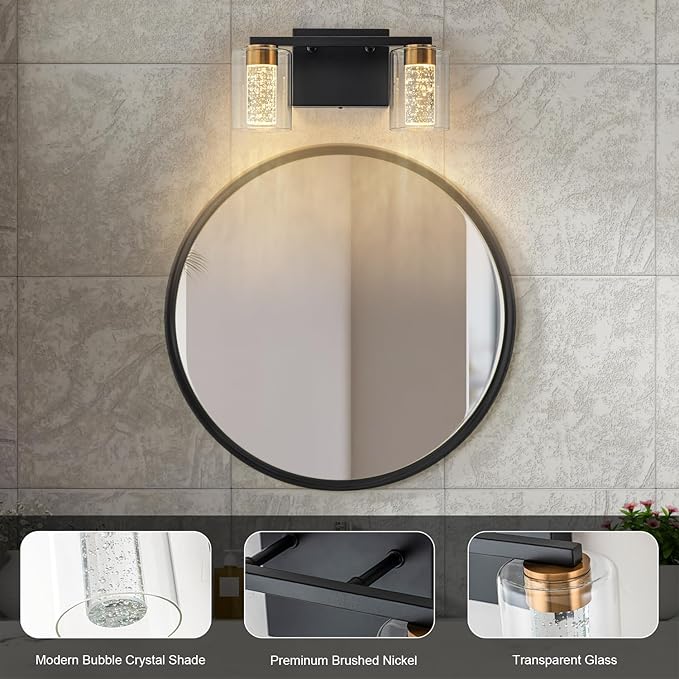 SineRise 2-Light Black and Gold Vanity Light with 3 Color Modes (3000K/4000K/6000K), Eye Protection LED Bathroom Light Fixture, Dimmable Modern Wall Light Over Mirror with Clear Glass Shade