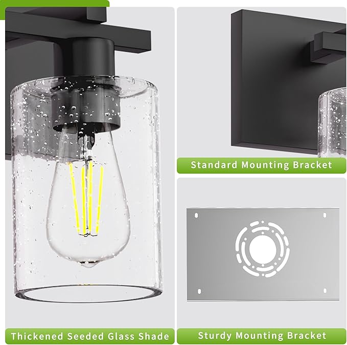 Espird Bathroom Vanity Light,3 Light Matte Black Light Fixture with Thickened Seeded Glass Shade, 21 inch Modern Wall Sconce,Vanity Light Over Mirror for Bathroom