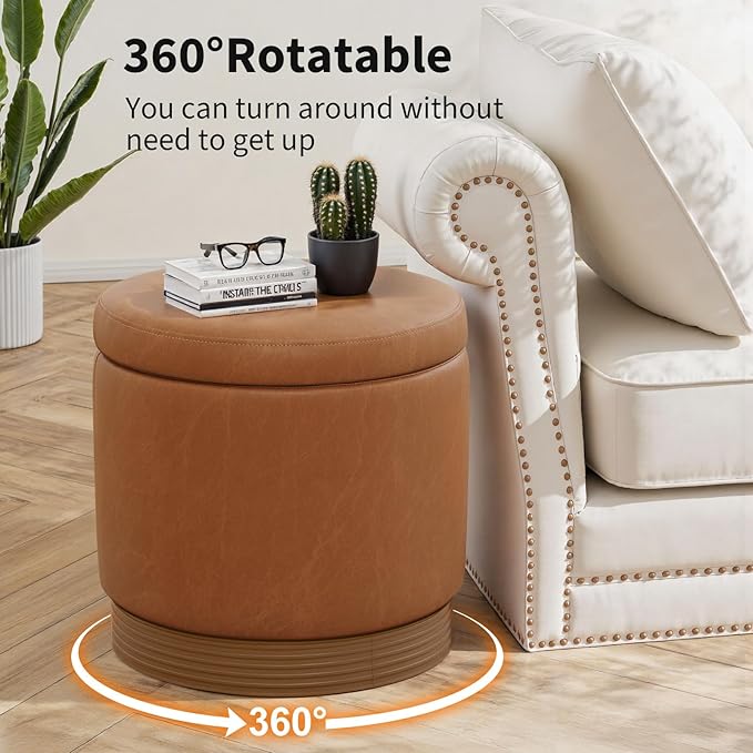 Round Storage Ottoman,Brown Swivel Vanity Stool-Smooth Faux Leather Foot Rest,Footstool Pouf with Sturdy Acacia Wood Frame(500lbs), Hidden Storage Ottoman for Living Room Assembled