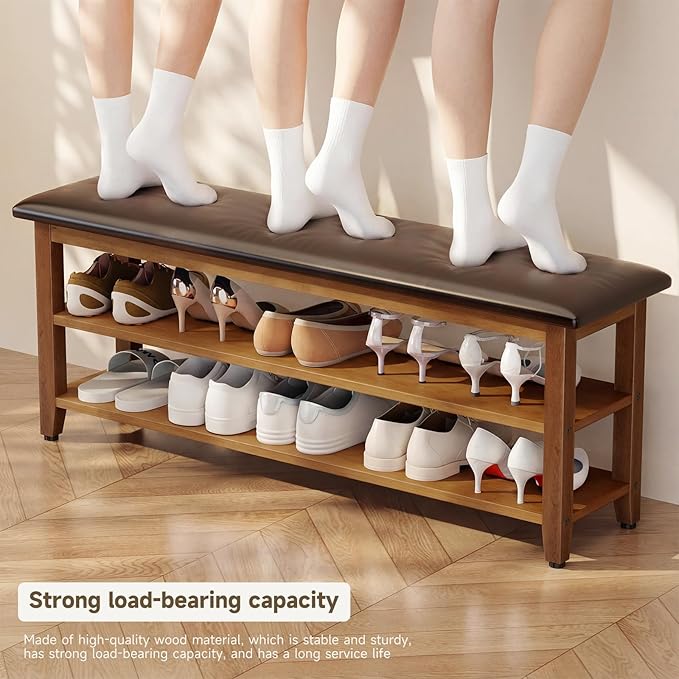 Shoe Bench with Leather Cushion,Wood Bench with Shoe Rack,2-Tier Shoe Storage Organizer for Entryway,Hallway,Living Room (Brown, 2-Tier-47.3")