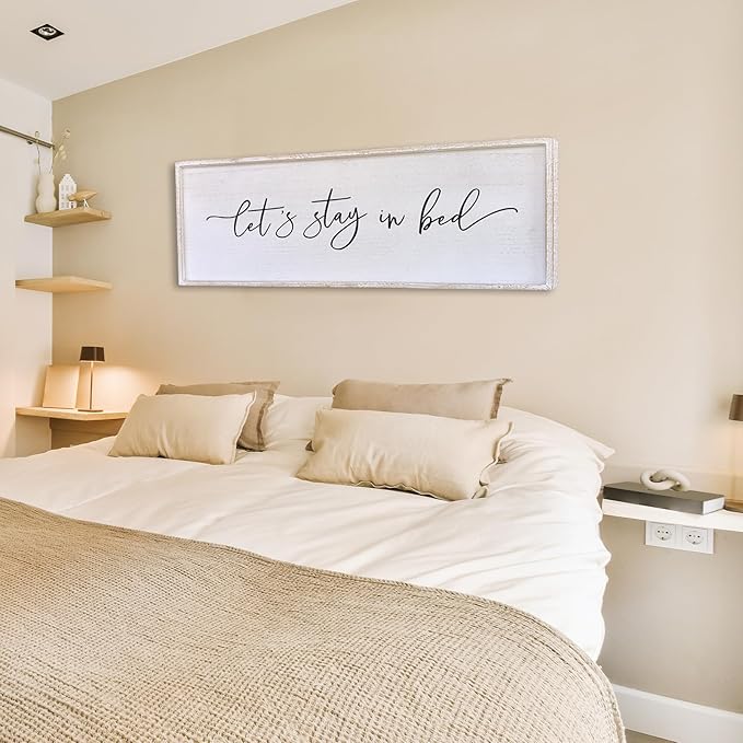 Surfapans Lets Stay In Bed Wall Decor 40”X15” Large Farmhouse Master Room Above Over Bed Rustic Guest Room Sign Beautiful And Simple Plaque Hanging Wall Art Decoration (White)