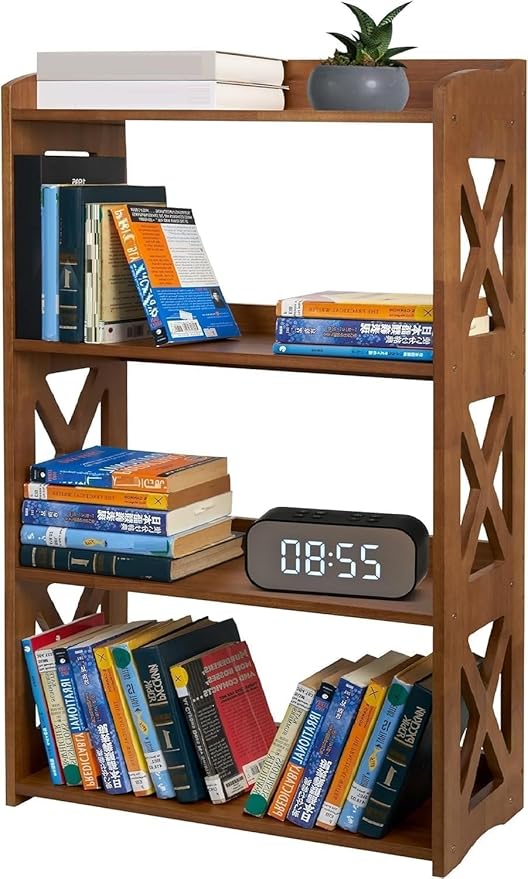Brown Bookcase by Natural Wood, 4 Tier Bookshelf, Small Book Shelves Freestanding Display Storage Shelves. Open Bookshelf for Bedroom, Living Room and Office (Brown, 4 Tier)