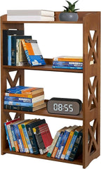 Brown Bookcase by Natural Wood, 4 Tier Bookshelf, Small Book Shelves Freestanding Display Storage Shelves. Open Bookshelf for Bedroom, Living Room and Office (Brown, 4 Tier)