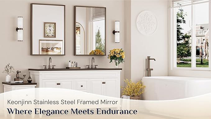 Keonjinn 24 x 36 Inch Bronze Mirror for Bathroom, Stainless Steel Framed Wall Mounted Mirrors, Anti-Rust, HD Tempered Glass, Shatter-Proof, Rectangle Bathroom Vanity Mirror, Modern Style Frame
