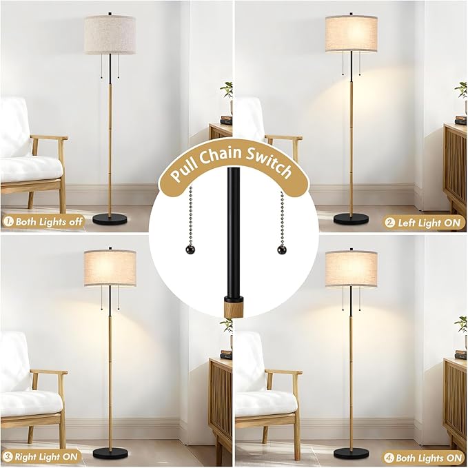 Luvkczc Floor Lamp, 60" Standing Lamp Tall Lamp with Fabric Lampshade&Pull Chain Corner Floor Lamps for Living Room, Bedroom,Office Corner (Wood Grain 2 Bulb Socket)