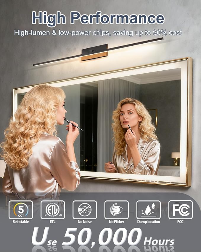 Modern Bathroom Vanity Light, 40 Inch 30W IP44 Black Light Bar, 5CCT Adjustable (2700K–5000K), Dimmable LED Lights for Bathroom Mirror, Dual-Sided, 180° Rotatable Angle, ETL