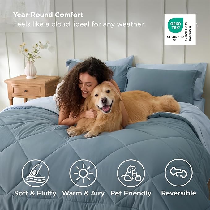 Bedsure Twin Grayish Blue Comforter Set - 5 Pieces Reversible Bedding, Twin Size Bed Set for All Seasons, Bed in a Bag with Down Alternative Comforter, Sheets, Pillowcase & Sham