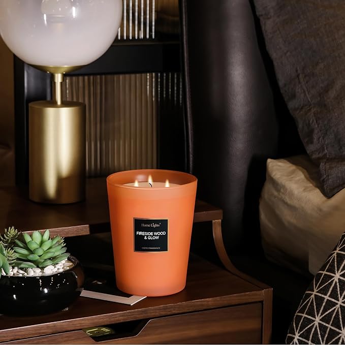 HomeLights Scented Candles - Large Jar Aromatherapy, Natural Soy Wax, 130 Hour Long Burning, Fireside Wood & Glow