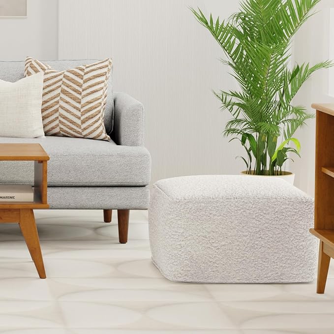 SIMPLIHOME Chantal Square Pouf - 18 inch Wide Upholstered Boucle Fabric Ottoman in Ivory, Contemporary Footstool, Coffee Table or Extra Seating for Living Room or Bedroom, Assembled