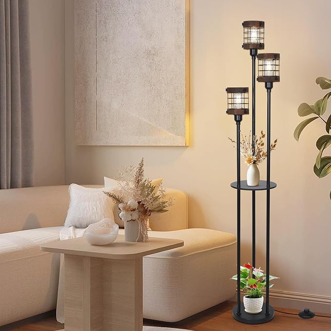 Airposta Vintage Floor Lamp with Shelves, Farmhouse Wood Floor Lamps for Living Room, Black Standing Lamp for Bedroom, Industrial Floor Lamp with Table, Rustic Tall Lamp for Office Corner Home Décor