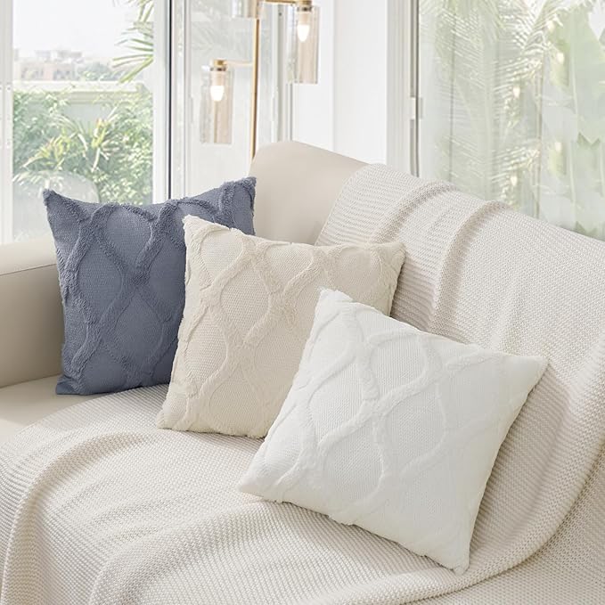 decorUhome Spring Throw Pillow Covers 20x20 Inch Set of 2, Soft Plush Faux Fur Wool Blue Grey Couch Pillow Covers, Decorative Neutral Pillow Cases for Bed Sofa Living Room Home Decor