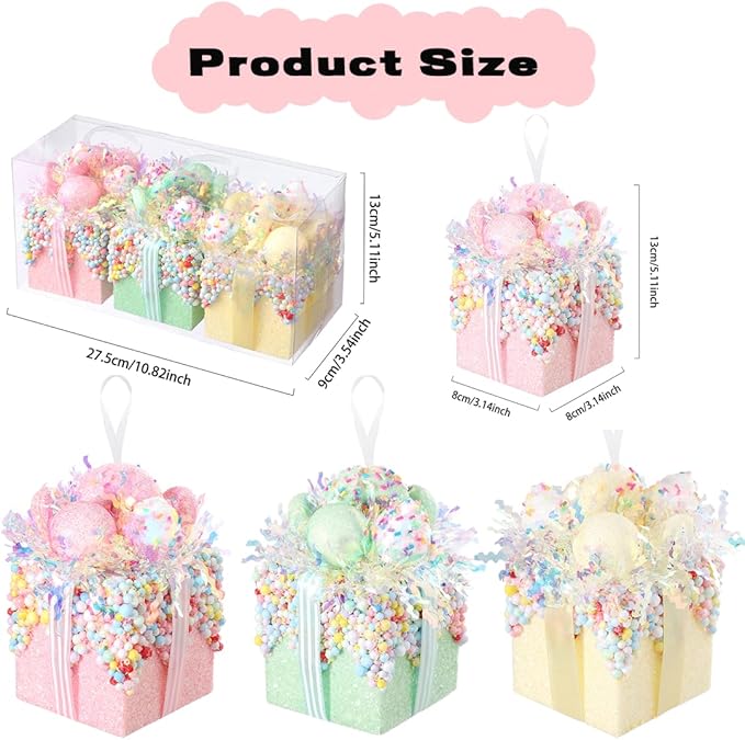 Christmas tree gift box ornament set,3 Pieces Macaron Color Candy Gift Hanging Ornaments for Christmas, New Year, Easter, Birthday (PINK GREEN YELLOW)