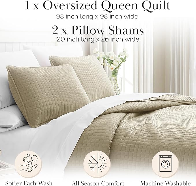 Southshore Fine Living, Inc. Full/Queen Quilt Set with 2 Matching Pillow Shams, Lightweight Full Size Quilt Coverlet, Easy Care, Machine Washable Queen Size Bedspread, Taupe