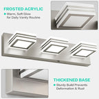 SOLFART LED Bathroom Vanity Light Fixtures： 3 Light Brushed Nickel Modern Acrylic Bathroom Wall Lighting Fixtures Over Mirror 20in 5CCT