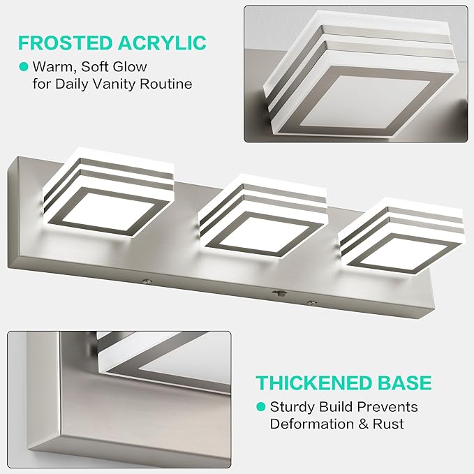 SOLFART LED Bathroom Vanity Light Fixtures： 3 Light Brushed Nickel Modern Acrylic Bathroom Wall Lighting Fixtures Over Mirror 20in 5CCT