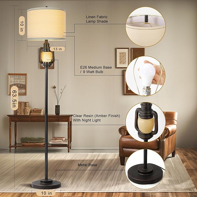 Floor Lamp for Living Room Vintage Standing Lamp with Linen Fabric Hardback Shade Industrial Tall Lamp with Night Light Decor for Living Room, Bedroom,Study, Home Office