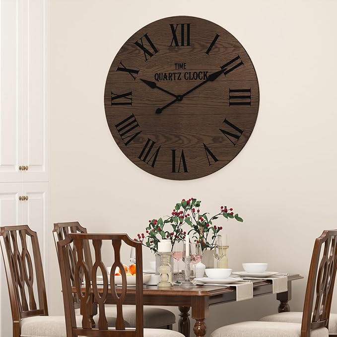 ARTPOWER Large Farmhouse Wall Clock, 35.5” Shiplap Wall Clock with Roman Numeral, Nearly Non-Ticking, Round Wall Clocks for Living Room Decor, Office, Bedroom, Entrance, Brown