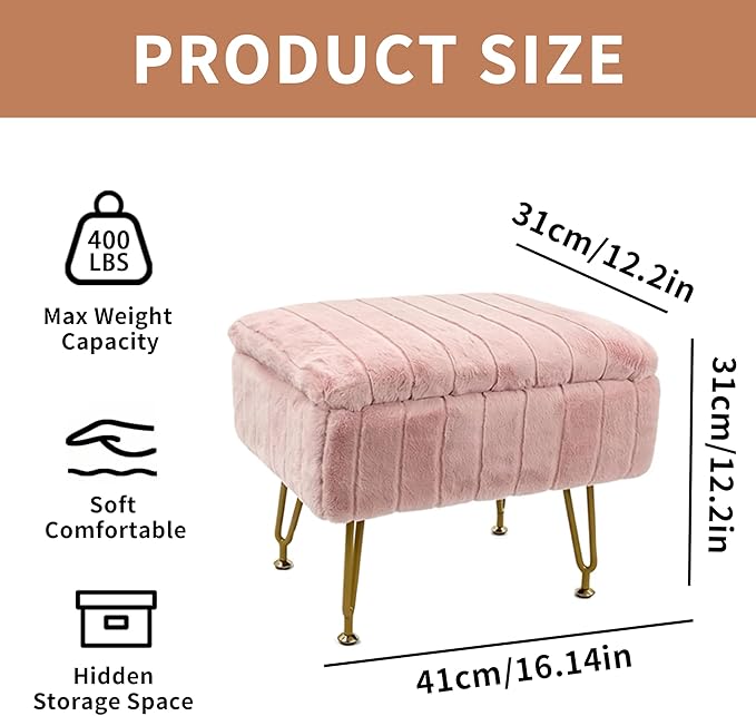 ACEQLYT® Small Foot Stool Ottoman with Storage, Foot Rest for Couch and Chair, Pink Faux Fur Storage Ottoman with Gold Metal Legs and Padded Seat