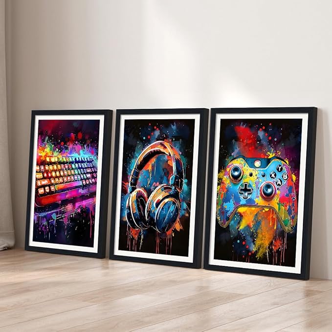 Novatique Cool Gaming Wall Art Game Room Decor Posters Colorful Neon Gamepad Canvas Painting Prints for Bedroom Living Room,16" x 24" x 3Pcs