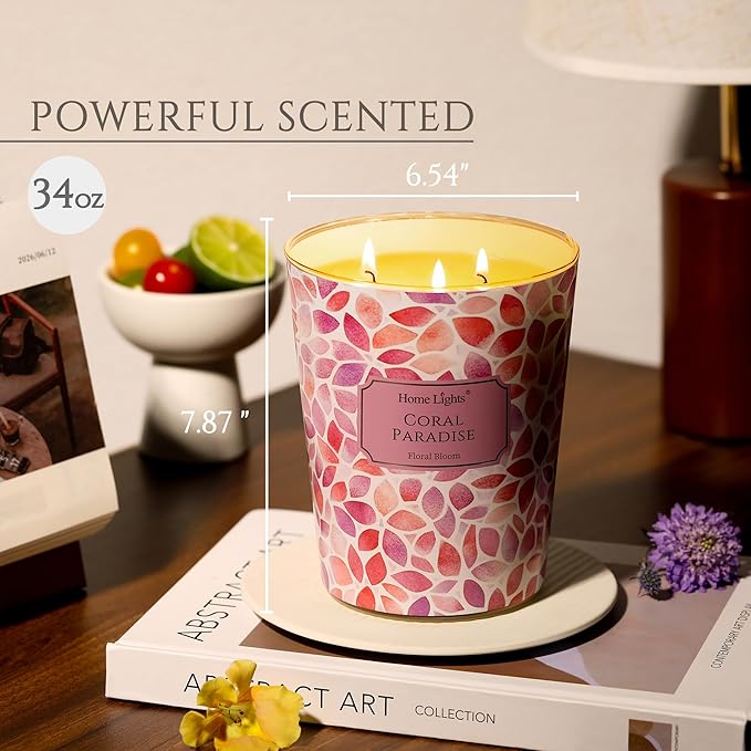 HomeLights Scented Candles | Large Jar 34 Oz Natural Soy Candle | 130 hrs Long-Lasting with 3 Wicks | Bohemian Natural for Home Decor | Gifts for Mom & Women, Coral Paradise