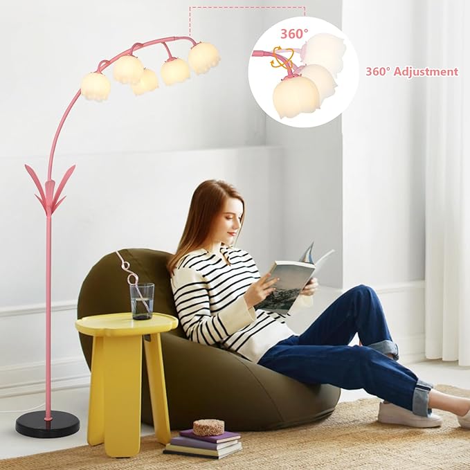HMVPL Pink Flower Floor Lamp for Living Room, Floral Arched Floor Lamp with 5 G9 LED Bulbs, Foot Switch, Curved Standing Lamp with Acrylic Shade, Cute Tall Lamp for Living Room Bedroom Girls Nursery
