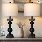 28" Tall Farmhouse Table Lamps Set of 2 with USB C+A Ports and AC Outlet, 3 Way Touch Tall Rustic Bedside Lamps for Living Room, Black Vintage Lamps for Bedroom