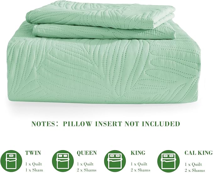 Exclusivo Mezcla Queen Quilt Bedding Set, Lightweight Sage Green Quilts Queen Full Size for All Seasons, Soft Microfiber Bedspreads Coverlets Bed Cover with Leaf Pattern, 3 Piece