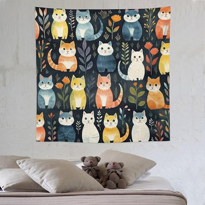 VUMIVI Cartoon Abstract Cat Tapestry Fun Cute Animals Plants Bohemian Modern Art Color Illustration Tapestry Wall Hanging for Living Room Bedroom Dorm Classroom Aesthetic Decor W60xL60in