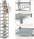Narrow Shoe Rack 10-Tier Tall Shoe Organizer Skinny Shoe Shelf Storage for 10-15 Pairs Shoe and Boot, Space Saving Corner Shoe Rack Organizer for Closet, Entryway, Living Room, Grey