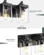 Bathroom Light Fixtures, 5-Light 30" Vanity Light with Square Clear Glass Shade, Modern Matte Black Wall Sconces, Vanity Lighting Fixtures Over Mirror, VL194-MB-5